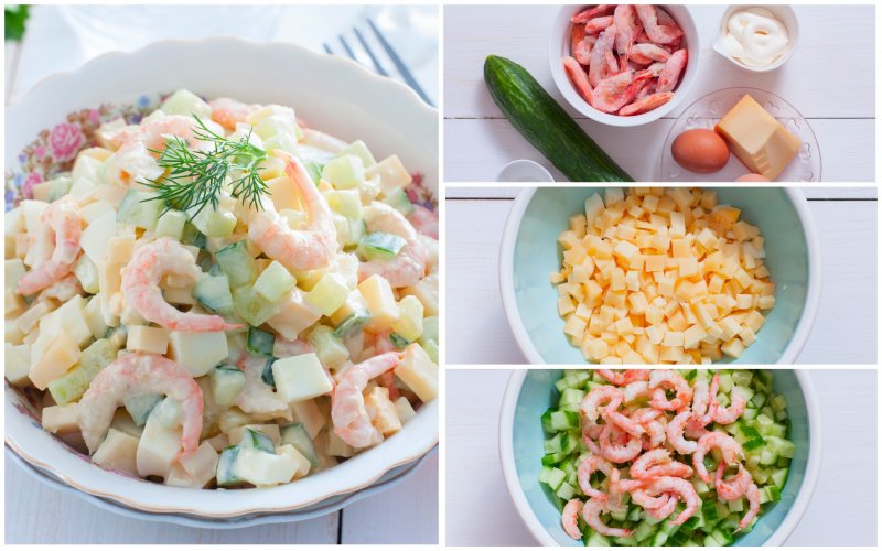 Салат с креветками, сыром и свежим огурцом: пошаговый фото рецепт