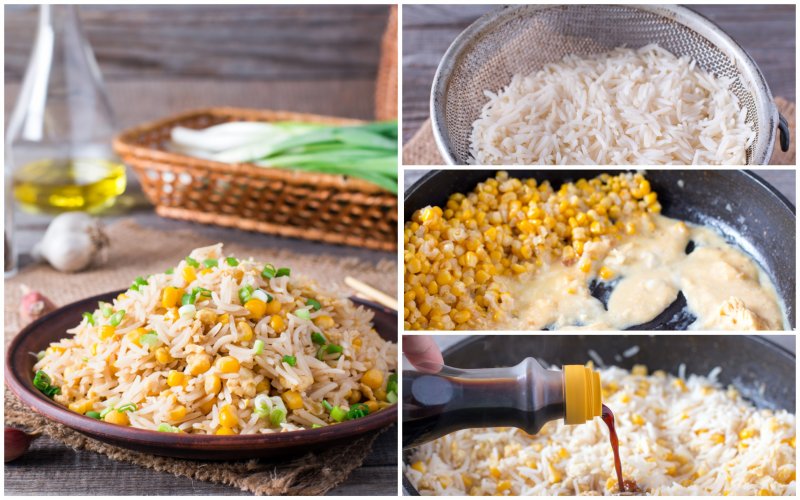 Жареный рис с яйцами и кукурузой: пошаговый фото рецепт