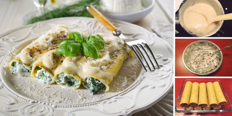 Каннеллони , фаршированные творожным сыром и шпинатом и запеченные под соусом Бешамель: пошаговый фото-рецепт