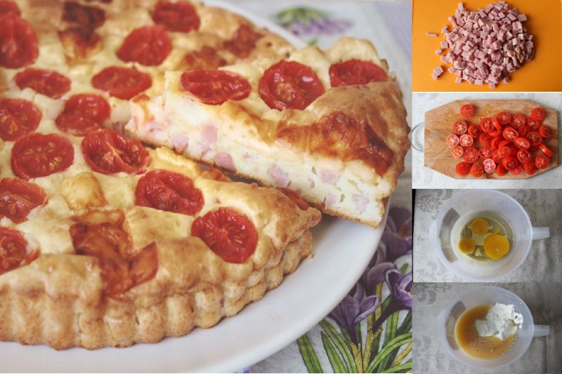 Пышный пирог с ветчиной, помидорами черри и сыром: gошаговый фото рецепт