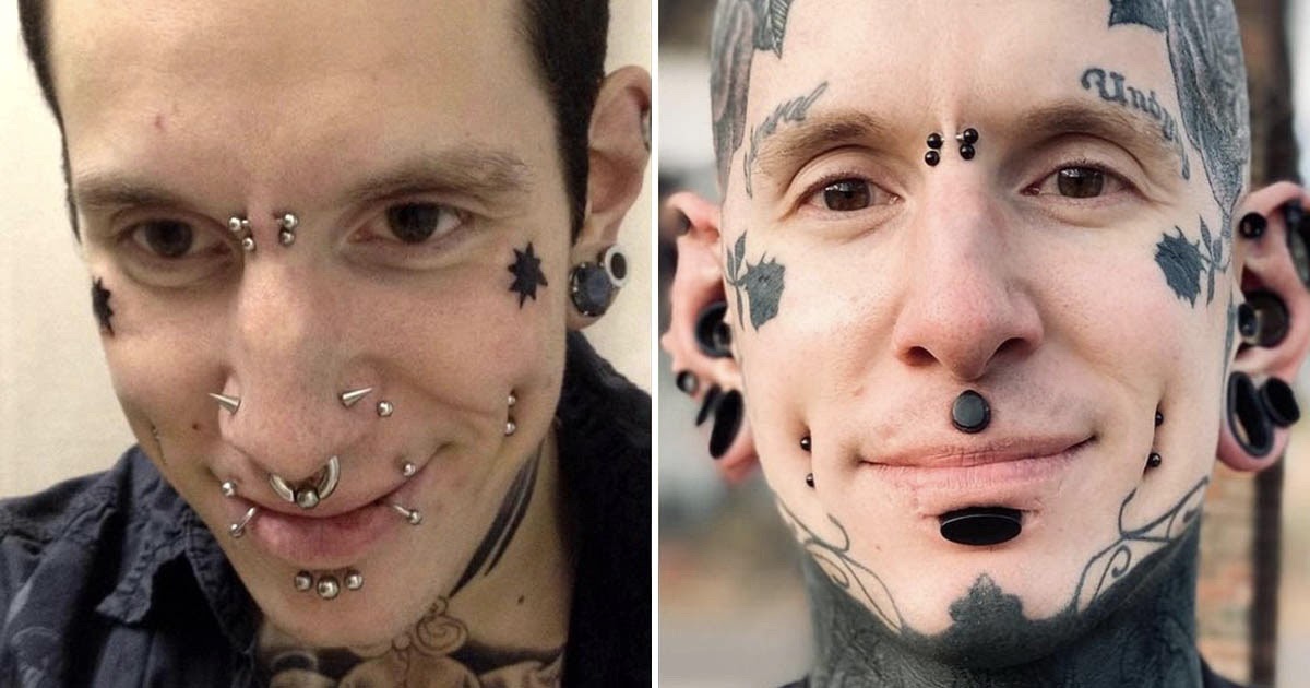 Полностью забитый татуировками мужчина показал, как выглядел 10 лет назад